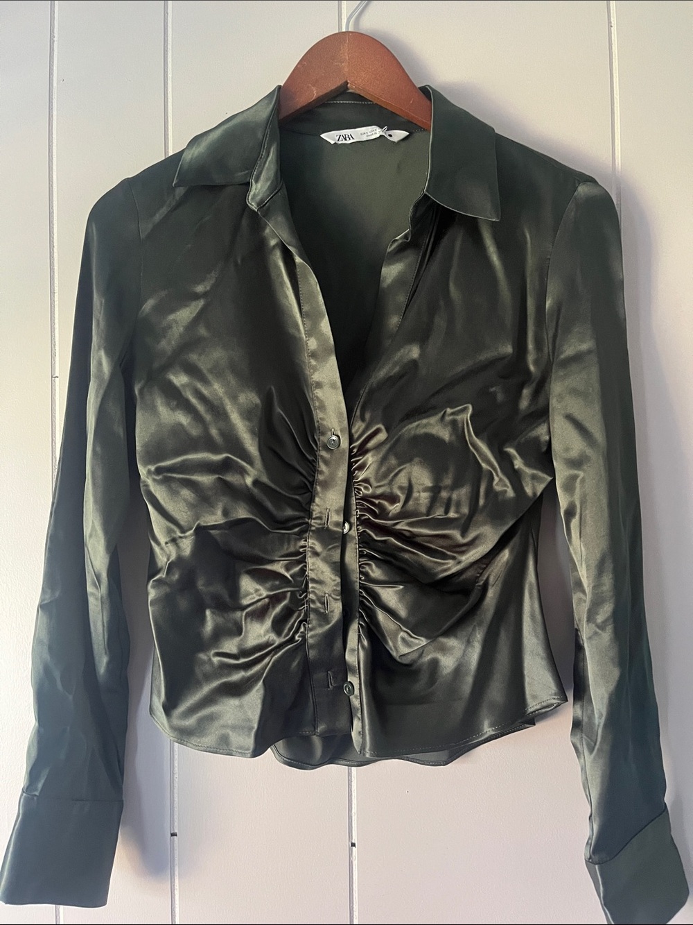 Zara Olive Satin Ruched Button-Front Shirt
